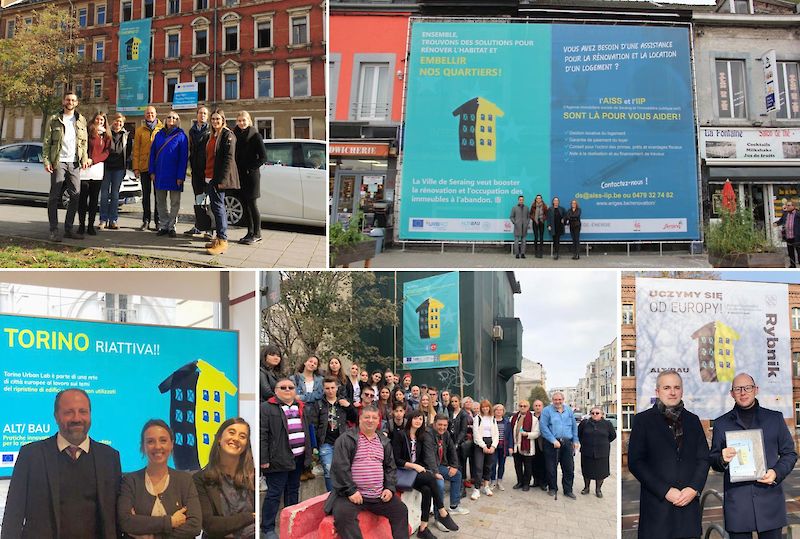 Auf den Bildern (im Uhrzeigersinn): Pressetermin am Zöllnerplatz 19 Chemnitz mit dem Leiter des Stadtplanungsamtes Böries Butenop, Vertretern der Stadtverwaltung Chem-nitz, dem Team von Agentur StadtWohnen und Vertretern des neuen Eigentümers, der die Sanierung plant.  Das URBACT Team in Seraing vor dem noch zu sanierenden Sitz der zukünftigen Agen-tur zur Leerstandsbekämpfung. Pressekonferenz in Rybnik vor einem leerstehenden Haus, das als Modellprojekt in ei-nem innovativen technischen Modulverfahren saniert werden wird.  Die lokale Aktionsgruppe in Constanta gemeinsam mit Architekturstudenten, die in der Altstadt die leer stehenden Gebäude vollständig erfasst haben.  Der Turiner Bürgermeister für Stadtentwicklung, Antonino Iaria, war zu Gast bei Turin Urban Lab.